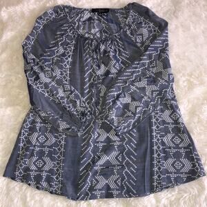 Fred David Blouse Long Sleeve Collar Tie Tribal Nordic Print PLUS SZ S Grey Blue